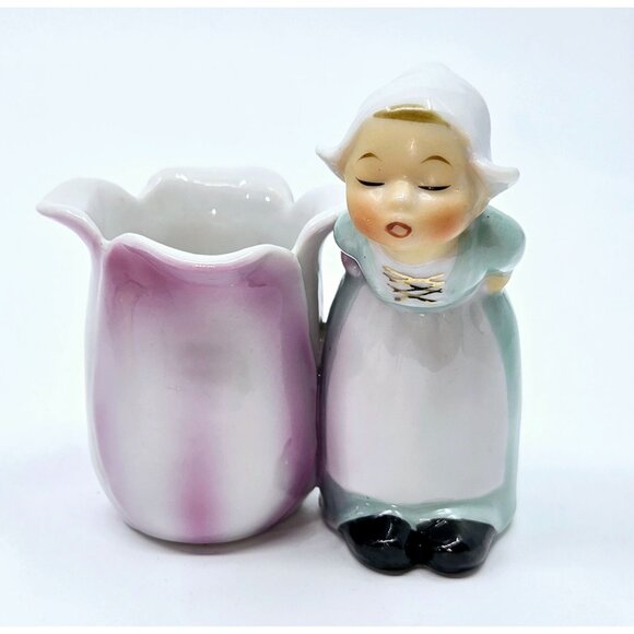 Vintage Ceramic Dutch Girl & Tulip Bud Vase Figurine - Picture 1 of 6